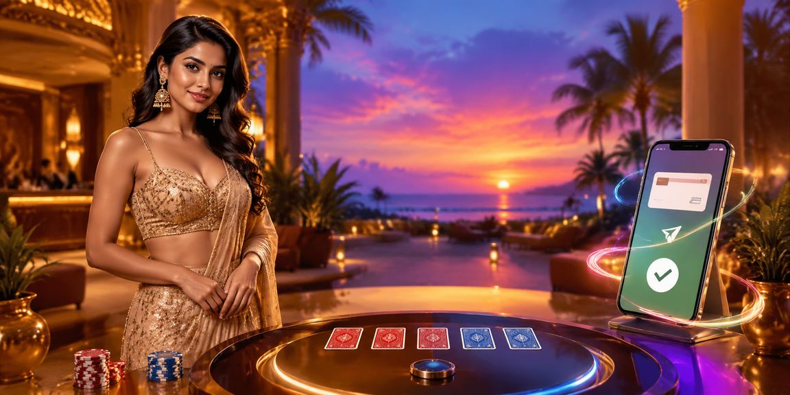 Teen Patti cards on a table with beach background